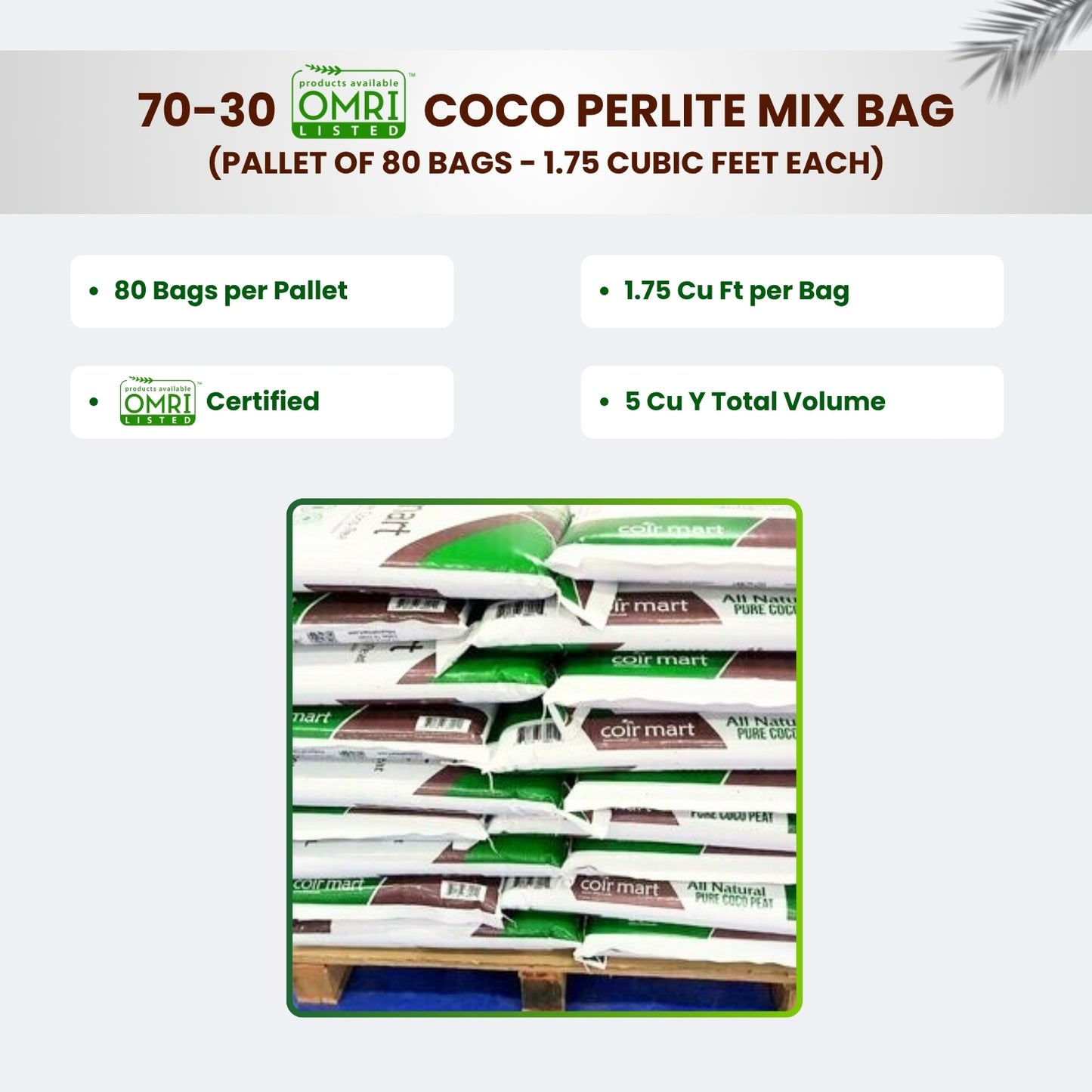 WP:70-30 OMRI Coco Perlite Mix Bag - Pallet of 80 Bags - 1.75 Cubic Feet Each