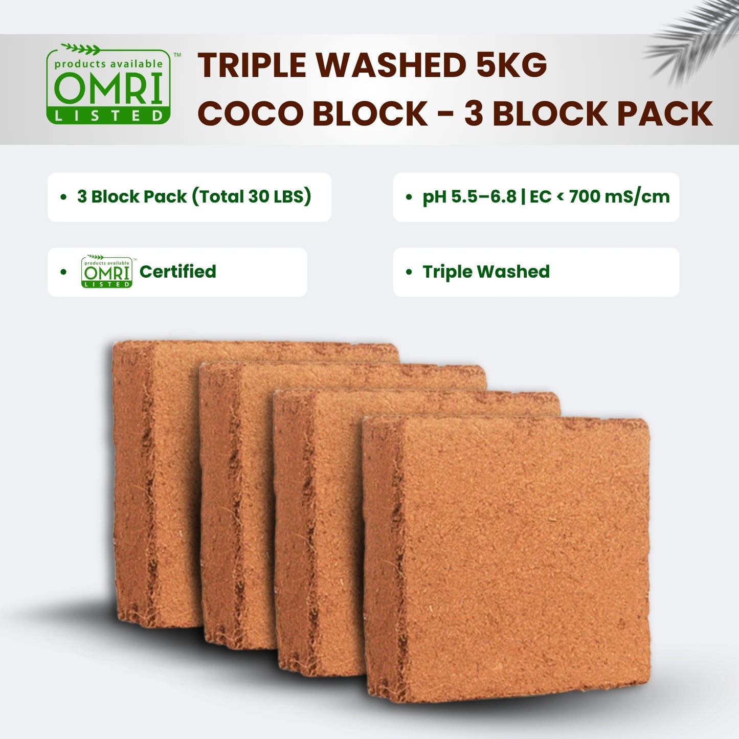 OMRI Triple Washed 5KG Coco Block - 3 Block Pack