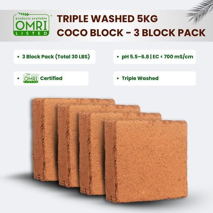 OMRI Triple Washed 5KG Coco Block - 3 Block Pack