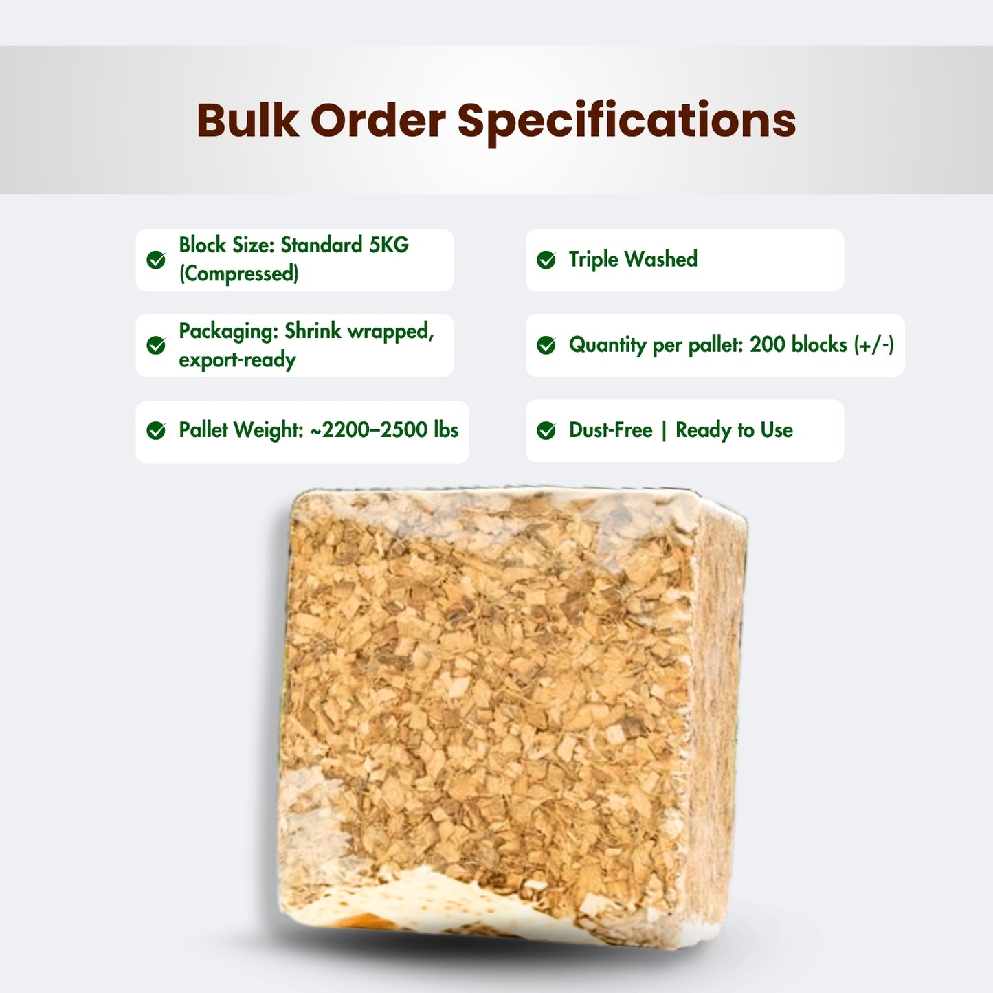 Pallet Coco Husk Chips triple washed 200 blocks (+/-) per pallet - 5KG each block